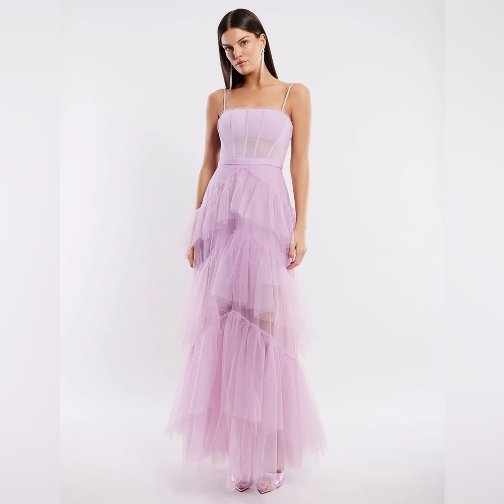 BCBG - Oly Tiered Ruffle Tulle Evening Gown, Bridal Rose
